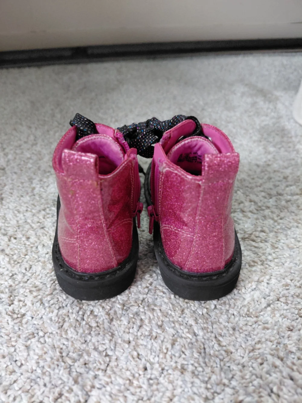 Toddler Girls' Sparkle Lace-Up Pink Booties with Sturdy Black Sole